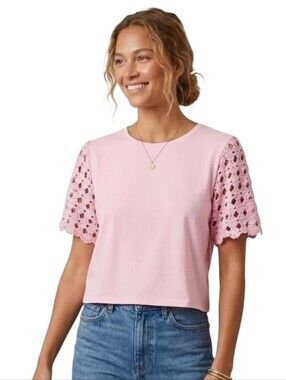 Joie Pink Crochet Short Sleeve Top XL